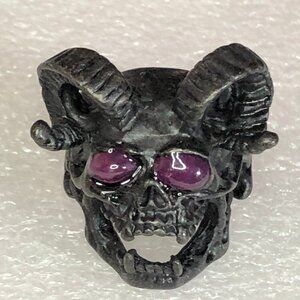 Skull Biker Ring Devil Horned Demon Natural Ruby Eyes Sz 10.5 Mens Unisex OOAK